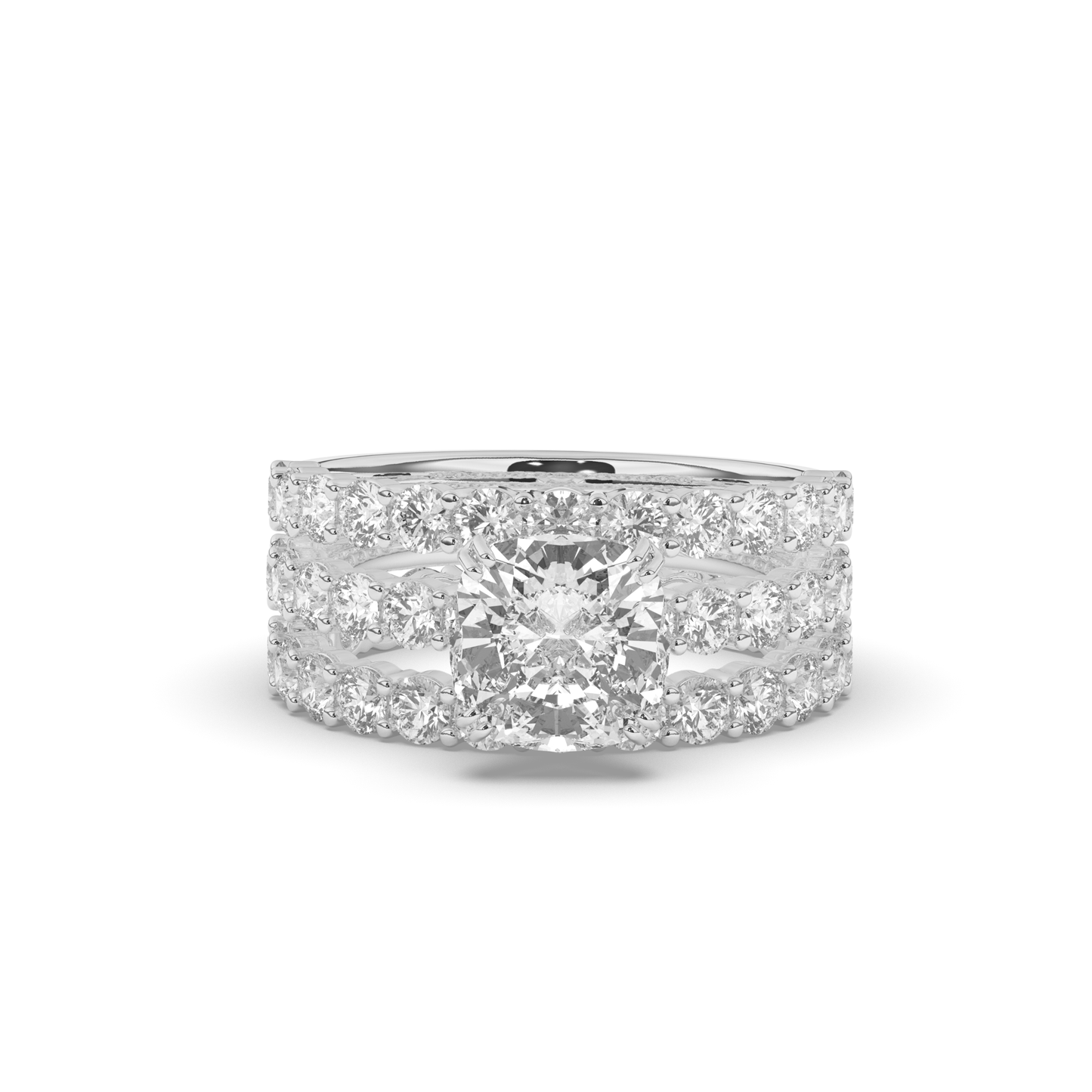 Three Ring Cushion & Round Lab-Grown Diamond Bridal Set