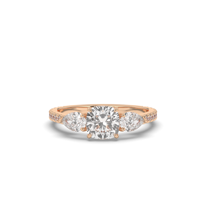 Three Stone Cushion & Pear Shape Lab-Grown Diamond Engagement Ring