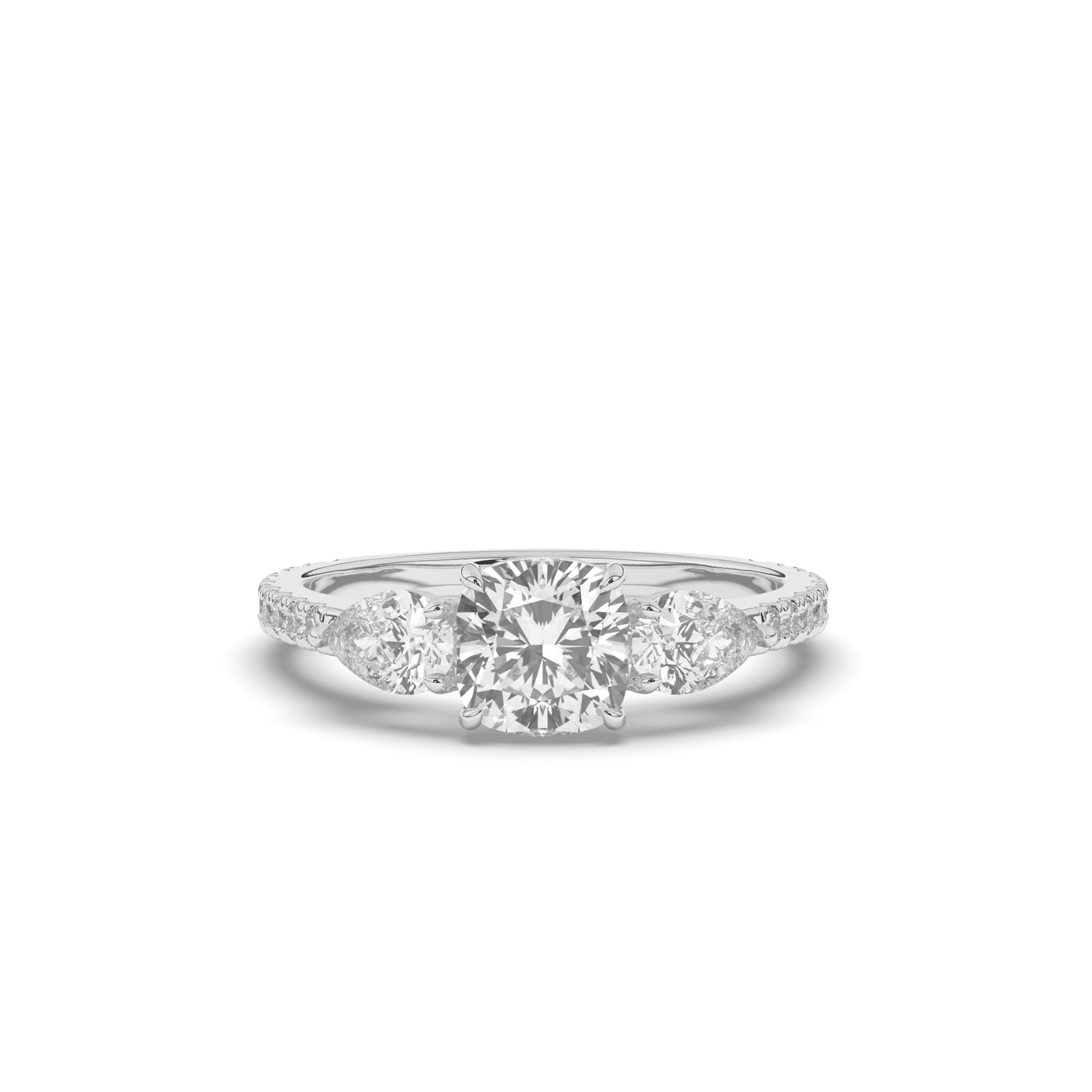 Three Stone Cushion & Pear Shape Lab-Grown Diamond Engagement Ring