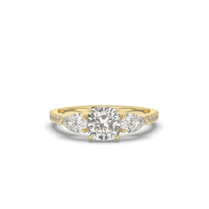 Three Stone Cushion & Pear Shape Lab-Grown Diamond Engagement Ring