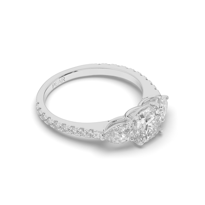 Three Stone Cushion & Pear Shape Lab-Grown Diamond Engagement Ring