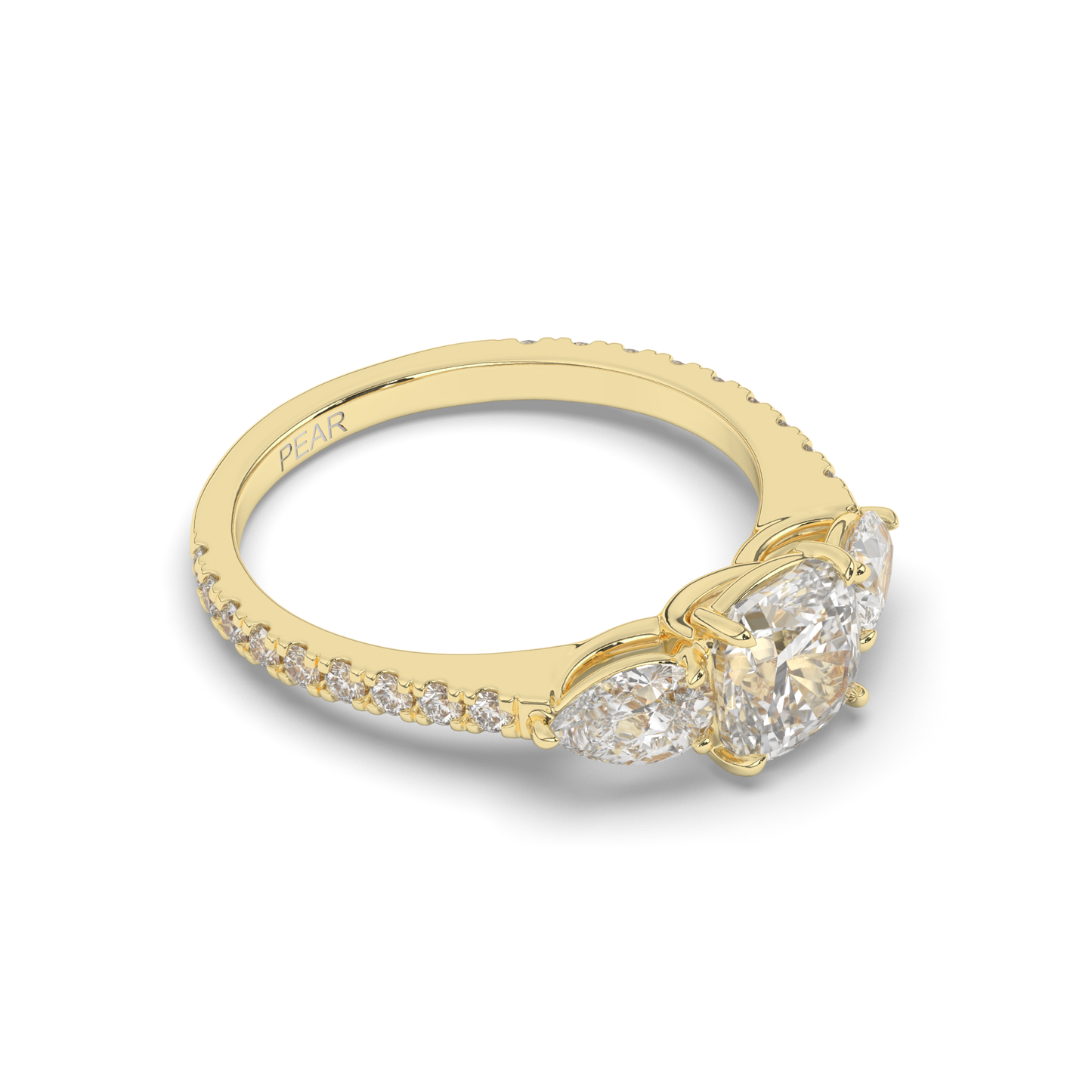 Three Stone Cushion & Pear Shape Lab-Grown Diamond Engagement Ring