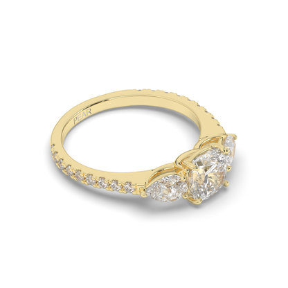 Three Stone Cushion & Pear Shape Lab-Grown Diamond Engagement Ring