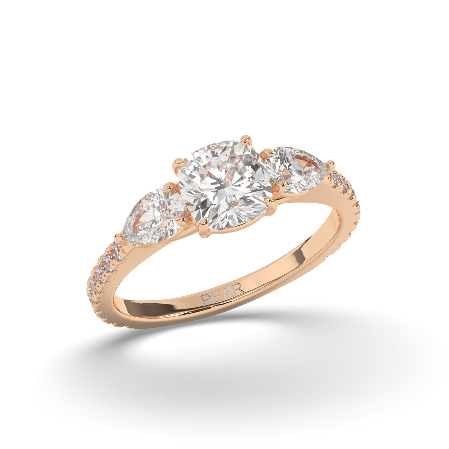 Three Stone Cushion & Pear Shape Lab-Grown Diamond Engagement Ring