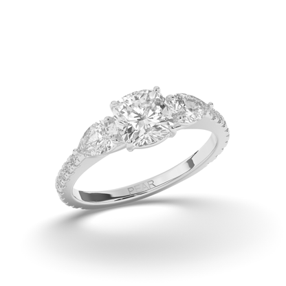 Three Stone Cushion & Pear Shape Lab-Grown Diamond Engagement Ring