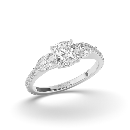 Three Stone Cushion & Pear Shape Lab-Grown Diamond Engagement Ring