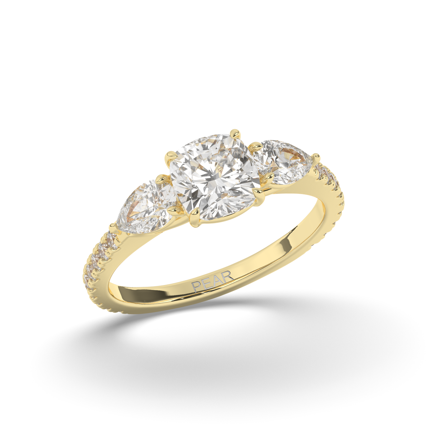 Three Stone Cushion & Pear Shape Lab-Grown Diamond Engagement Ring