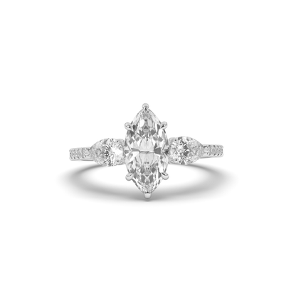 Elegant Marquise Cut Lab-Grown Diamond Trilogy Ring with Pear & Round Accents