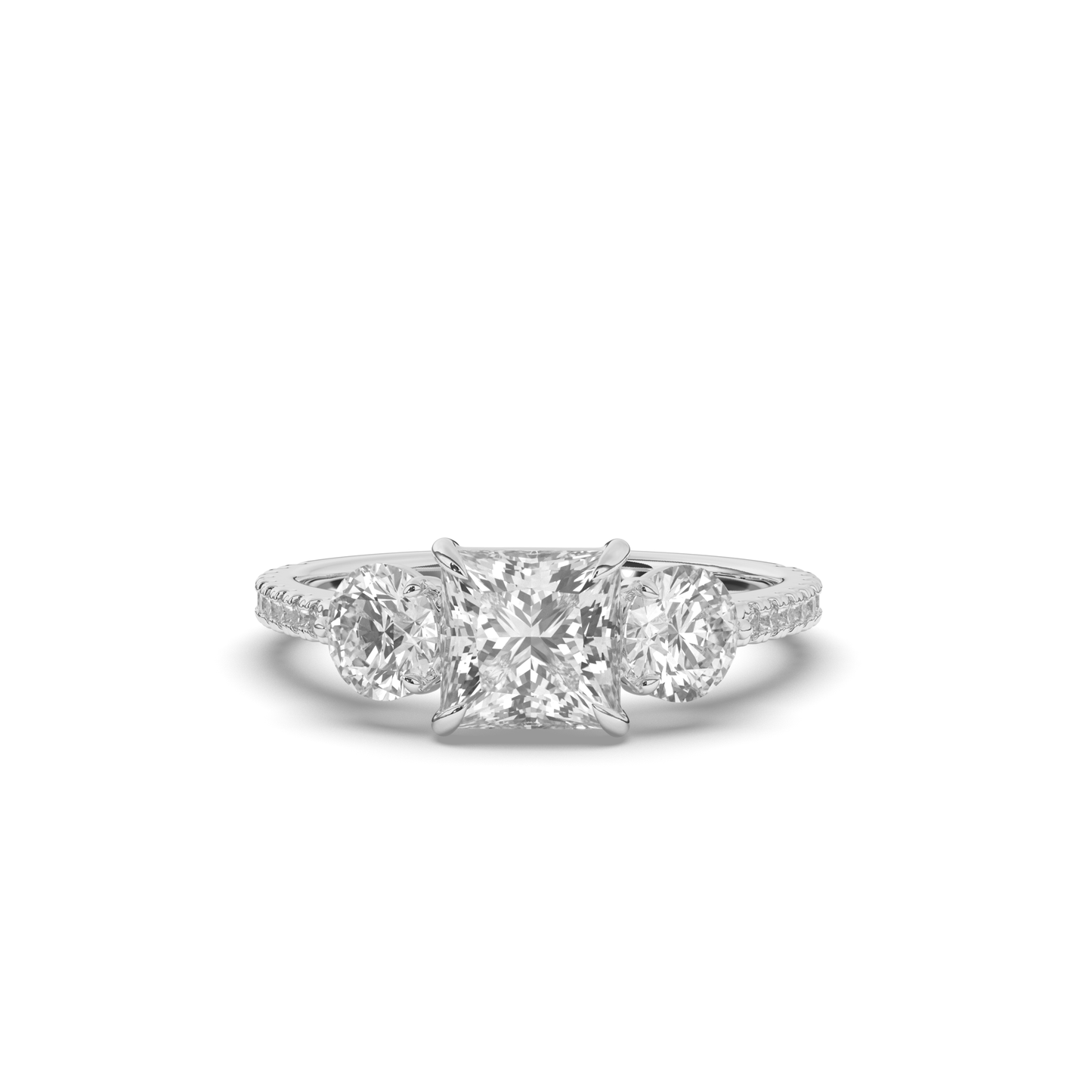 Three-Stone Princess Cut Lab-Grown Diamond Ring with Round Accents