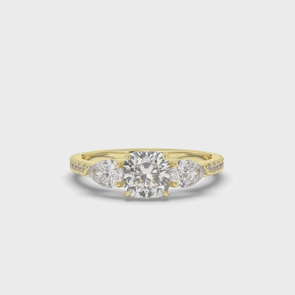 Three Stone Cushion & Pear Shape Lab-Grown Diamond Engagement Ring