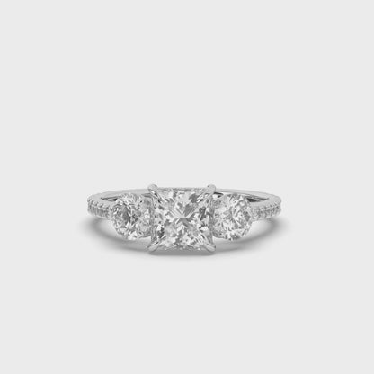 Three-Stone Princess Cut Lab-Grown Diamond Ring with Round Accents